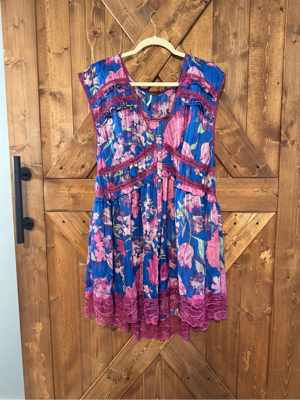 FREE PEOPLE SILK Floral Pleated Button-Front Dress in Blue and Magenta